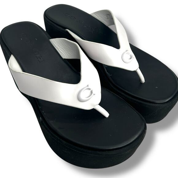 Coach black & white Platform Flip Flops Size 5 Sculpted C Chunky Y2K Sandals - Picture 11 of 12